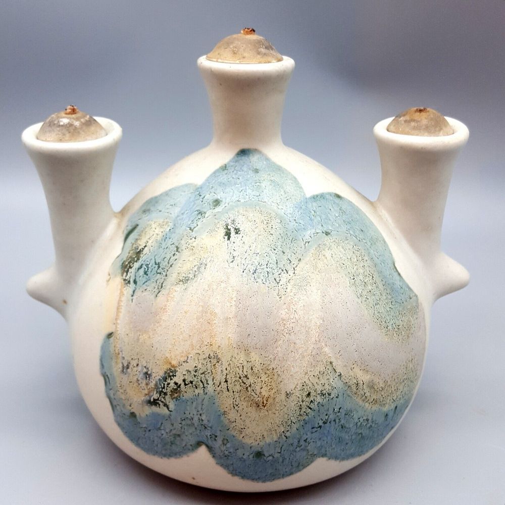 Kravec Studios Art Pottery Triple Oil Lamp Candleabra or 3-Hole Bud Vase